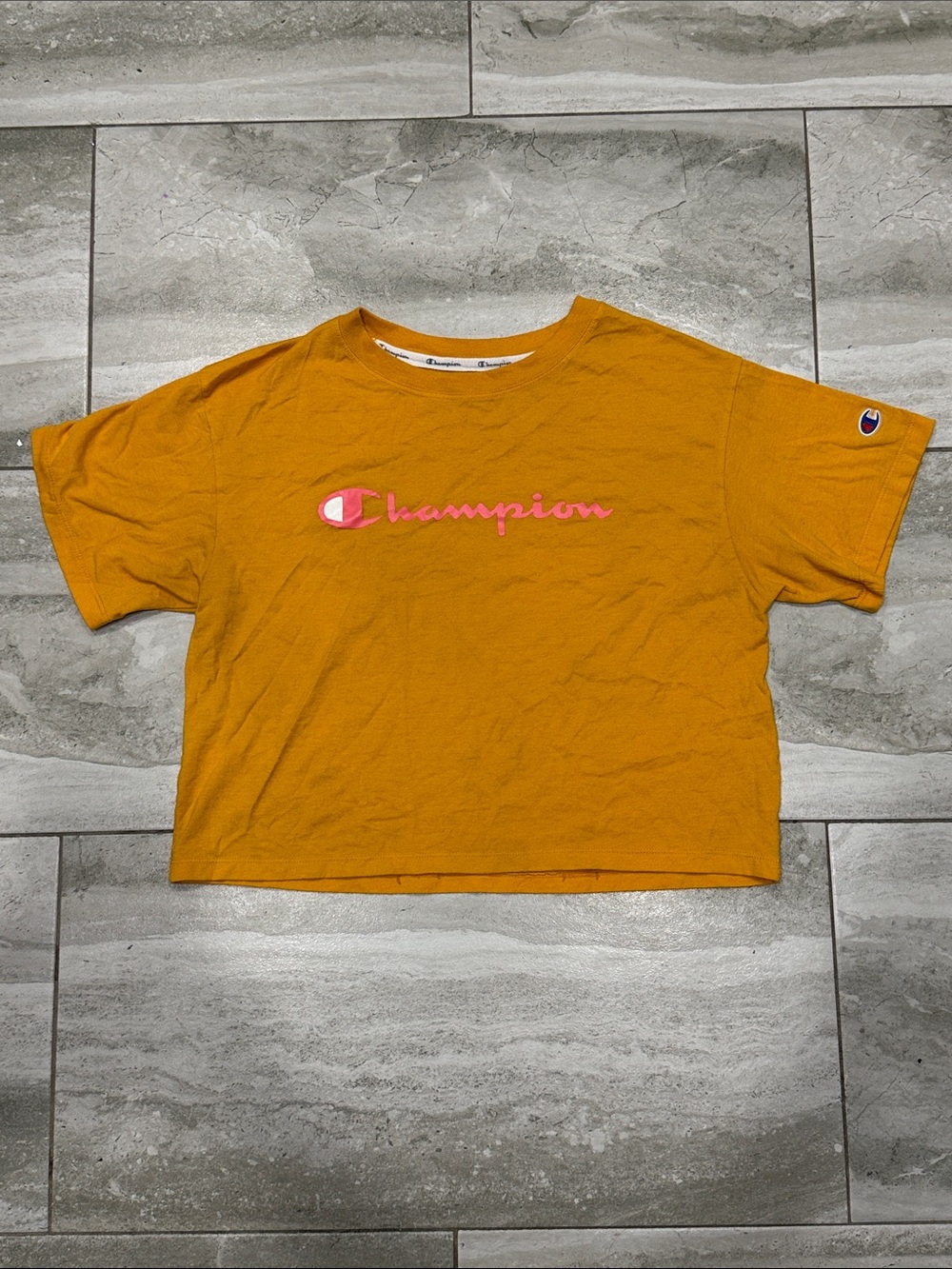 Champion Mustard Yellow Tee with Pink Logo
